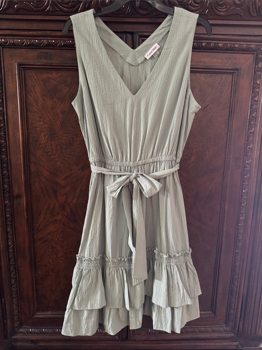Calvin Klein Sleeveless V-Neck Tiered Dress with Waist Tie